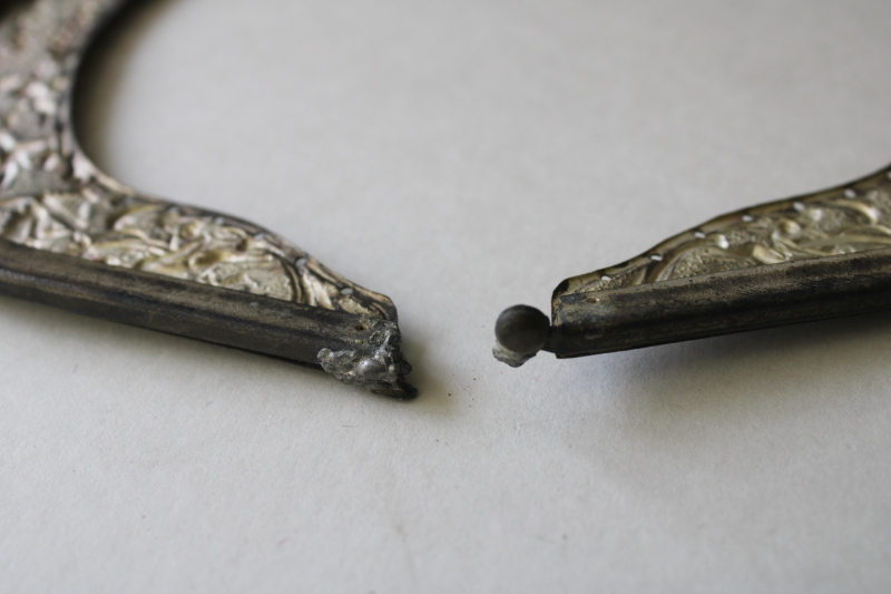 photo of antique Victorian purse frame, ornate embossed nickel silver metal w/ cherubs, needs repair #5