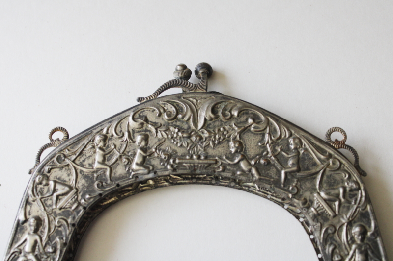 photo of antique Victorian purse frame, ornate embossed nickel silver metal w/ cherubs, needs repair #7