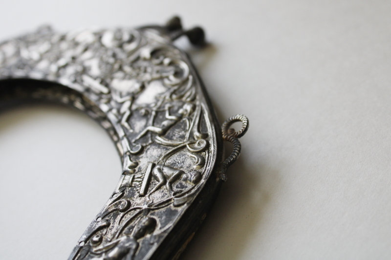 photo of antique Victorian purse frame, ornate embossed nickel silver metal w/ cherubs, needs repair #8