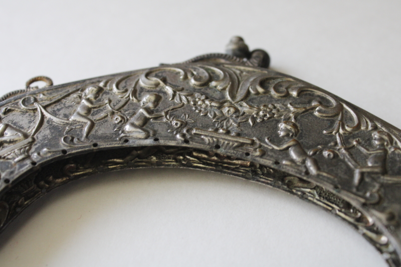 photo of antique Victorian purse frame, ornate embossed nickel silver metal w/ cherubs, needs repair #9
