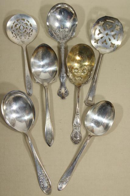 photo of antique Victorian silver, large ornate berry scoop spoons & tomato servers, vintage silverplate #1