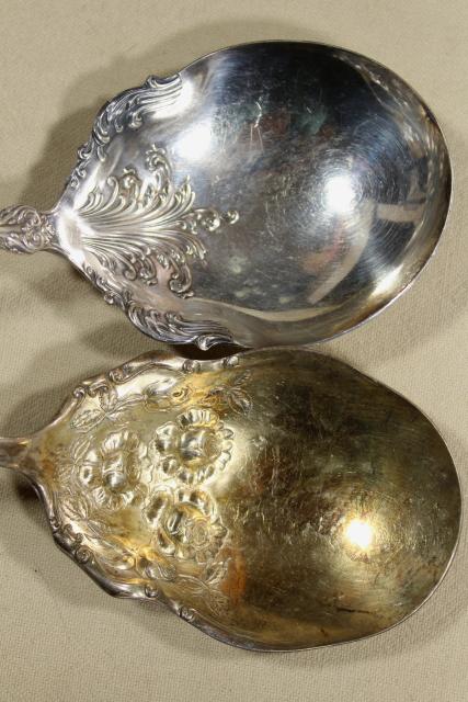 photo of antique Victorian silver, large ornate berry scoop spoons & tomato servers, vintage silverplate #2