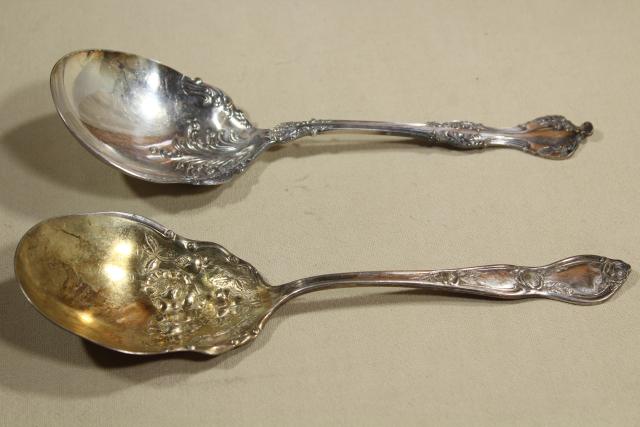 photo of antique Victorian silver, large ornate berry scoop spoons & tomato servers, vintage silverplate #4