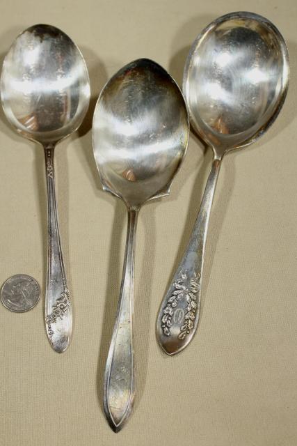 photo of antique Victorian silver, large ornate berry scoop spoons & tomato servers, vintage silverplate #6