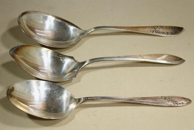 photo of antique Victorian silver, large ornate berry scoop spoons & tomato servers, vintage silverplate #8