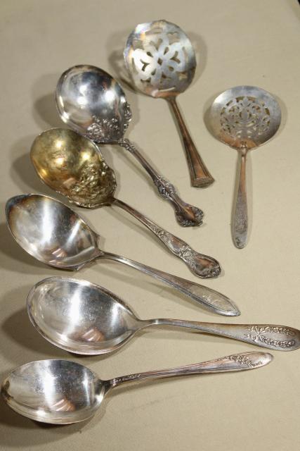 photo of antique Victorian silver, large ornate berry scoop spoons & tomato servers, vintage silverplate #11