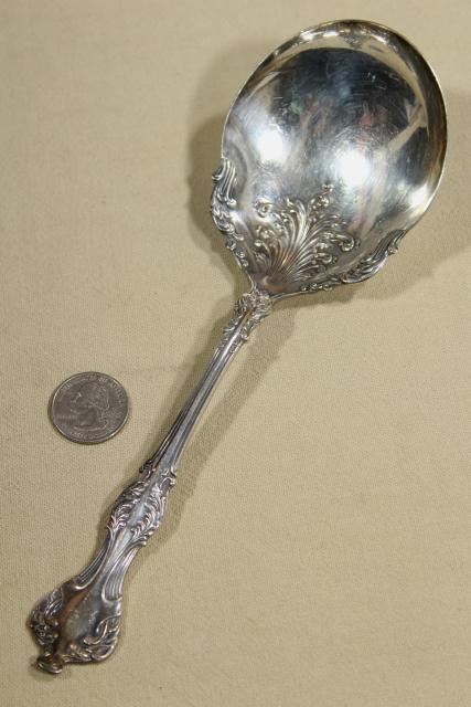 photo of antique Victorian silver, large ornate berry scoop spoons & tomato servers, vintage silverplate #17