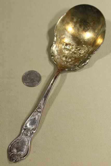 photo of antique Victorian silver, large ornate berry scoop spoons & tomato servers, vintage silverplate #18