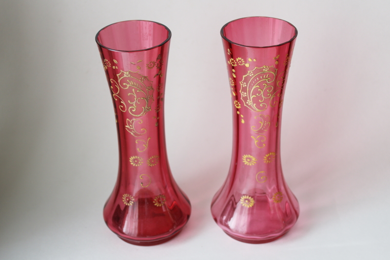 photo of antique Victorian vintage cranberry glass, pair of tall vases w/ hand painted enamel  #1