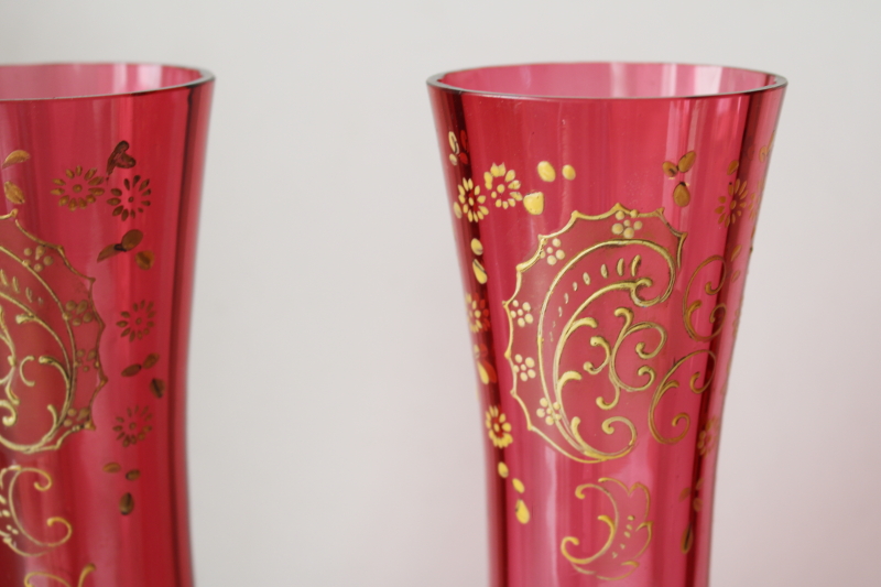 photo of antique Victorian vintage cranberry glass, pair of tall vases w/ hand painted enamel  #2