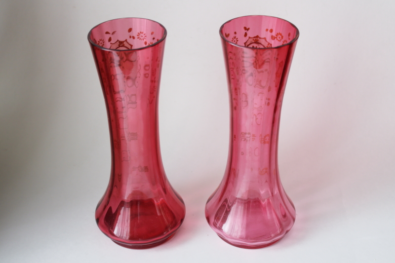 photo of antique Victorian vintage cranberry glass, pair of tall vases w/ hand painted enamel  #4