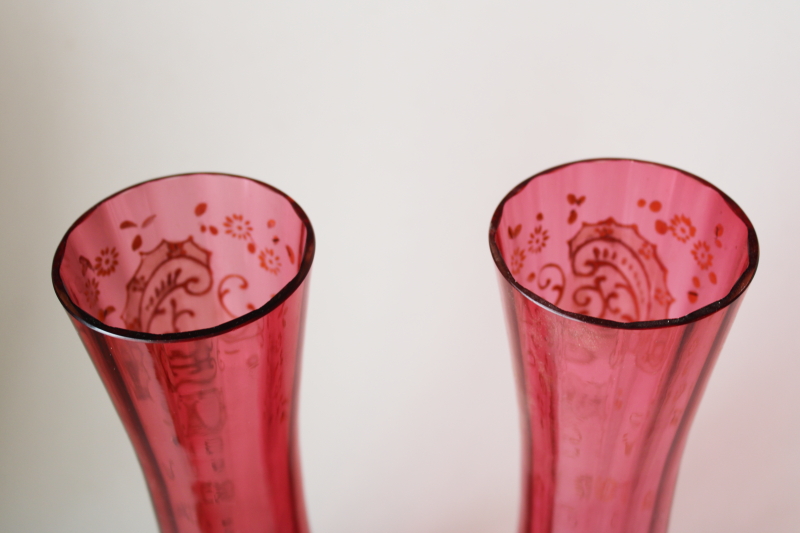 photo of antique Victorian vintage cranberry glass, pair of tall vases w/ hand painted enamel  #5