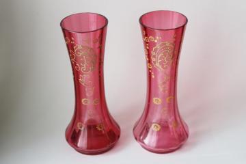 catalog photo of antique Victorian vintage cranberry glass, pair of tall vases w/ hand painted enamel 