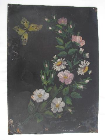 photo of antique Victorian vintage hand-painted picture on metal, floral on black #1