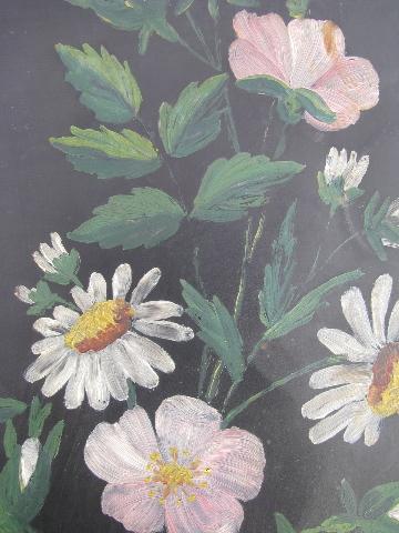 photo of antique Victorian vintage hand-painted picture on metal, floral on black #2