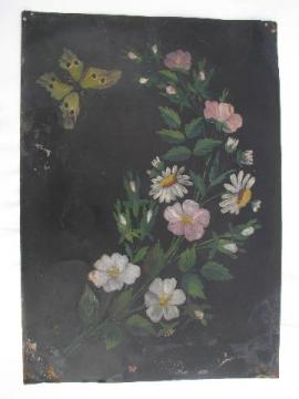 catalog photo of antique Victorian vintage hand-painted picture on metal, floral on black