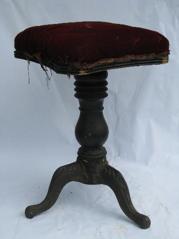 photo of antique Victorian vintage piano stool with plush seat & ornate iron legs #4