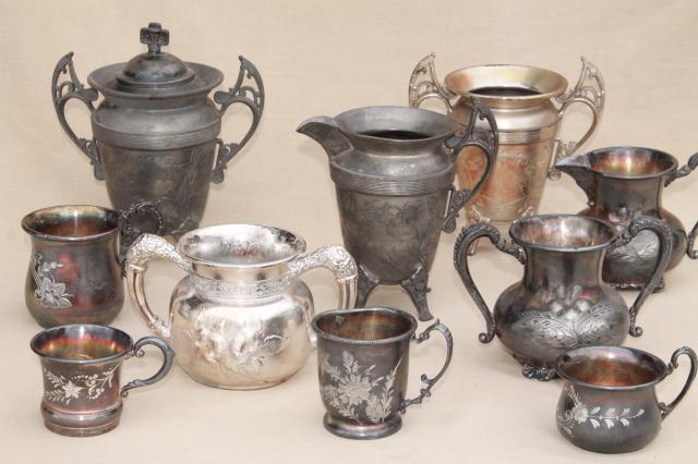 photo of antique Victorian vintage silver collection of cups & trophy shape urns in bright cut silverplate #1