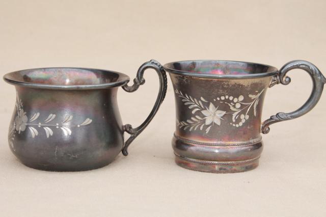 photo of antique Victorian vintage silver collection of cups & trophy shape urns in bright cut silverplate #6