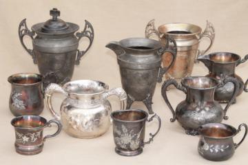 catalog photo of antique Victorian vintage silver collection of cups & trophy shape urns in bright cut silverplate