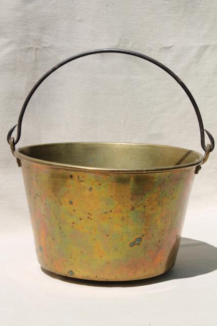 photo of antique Waterbury brass kettle, bucket handle pot marked w/ Hayden patent mid 1800s vintage #4