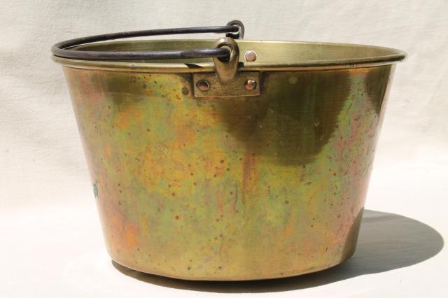 photo of antique Waterbury brass kettle, bucket handle pot marked w/ Hayden patent mid 1800s vintage #5