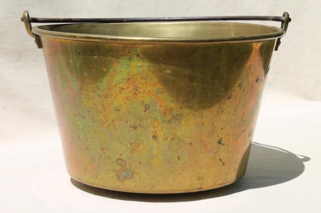photo of antique Waterbury brass kettle, bucket handle pot marked w/ Hayden patent mid 1800s vintage #6