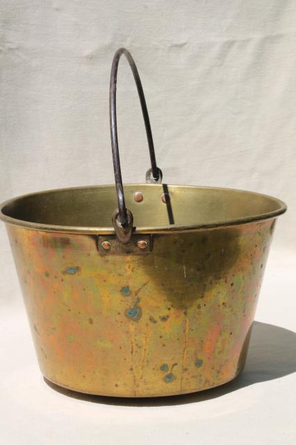photo of antique Waterbury brass kettle, bucket handle pot marked w/ Hayden patent mid 1800s vintage #7
