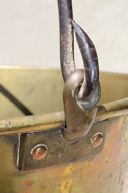 photo of antique Waterbury brass kettle, bucket handle pot marked w/ Hayden patent mid 1800s vintage #9