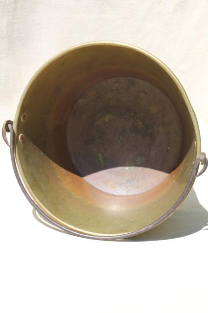 photo of antique Waterbury brass kettle, bucket handle pot marked w/ Hayden patent mid 1800s vintage #10