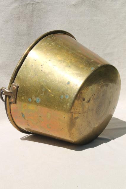 photo of antique Waterbury brass kettle, bucket handle pot marked w/ Hayden patent mid 1800s vintage #11
