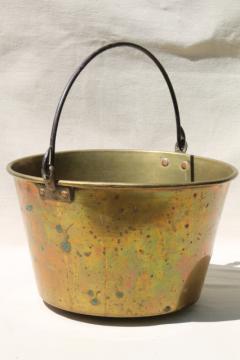 catalog photo of antique Waterbury brass kettle, bucket handle pot marked w/ Hayden patent mid 1800s vintage