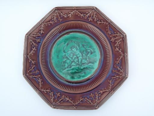 photo of antique Wedgwood agate ware majolica plates, classical statuary pair #2