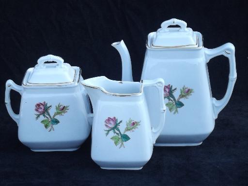 photo of antique Wedgwood moss rose ironstone china tea set, teapot, cream pitcher, sugar #1