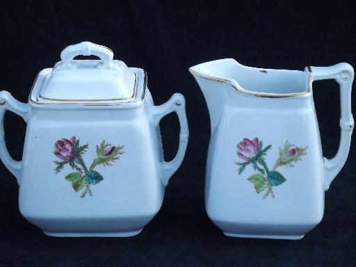 photo of antique Wedgwood moss rose ironstone china tea set, teapot, cream pitcher, sugar #6