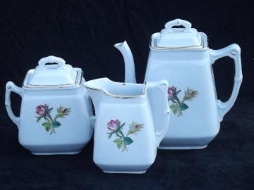 catalog photo of antique Wedgwood moss rose ironstone china tea set, teapot, cream pitcher, sugar