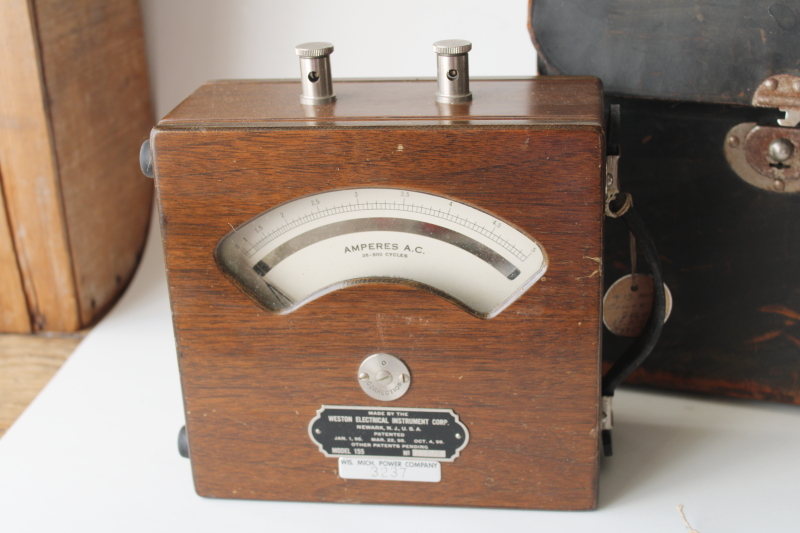 photo of antique Weston Electrical ammeter, large gauge in wood housing w/ 1898 patent date, original leather case  #6