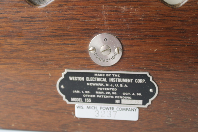 photo of antique Weston Electrical ammeter, large gauge in wood housing w/ 1898 patent date, original leather case  #7