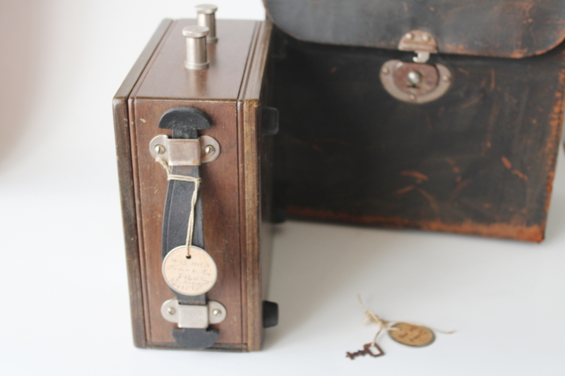 photo of antique Weston Electrical ammeter, large gauge in wood housing w/ 1898 patent date, original leather case  #8