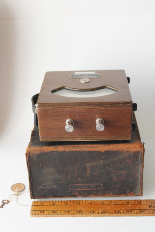 photo of antique Weston Electrical ammeter, large gauge in wood housing w/ 1898 patent date, original leather case  #11