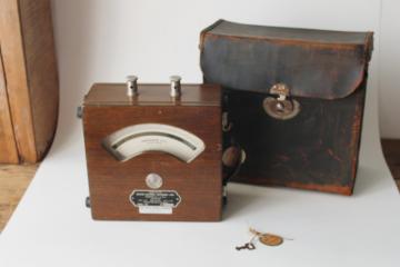 catalog photo of antique Weston Electrical ammeter, large gauge in wood housing w/ 1898 patent date, original leather case 