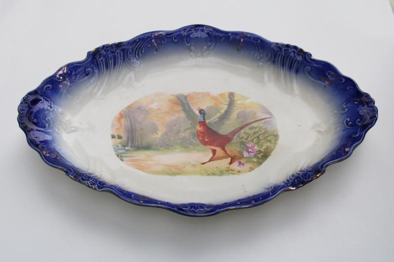 photo of antique Wheeling pottery LaBelle china, huge platter pheasant game bird w/ flow blue #1