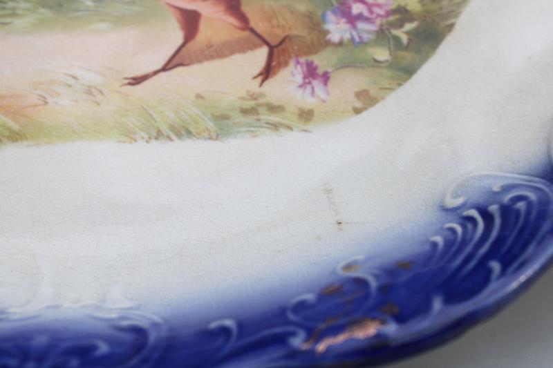 photo of antique Wheeling pottery LaBelle china, huge platter pheasant game bird w/ flow blue #12