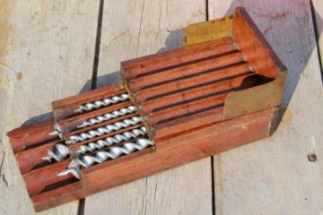 catalog photo of antique Winchester tool box, brass & wood case for auger drill bits, 1898 patent