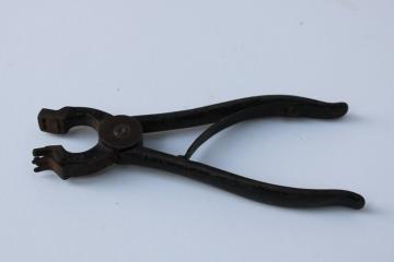 catalog photo of antique 'Yoke' pliers leather belt lacing tool, early tractor driven farm equipment