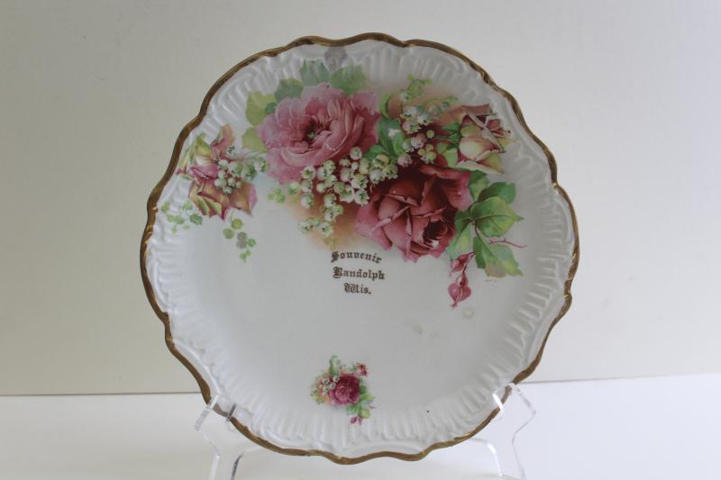 photo of antique advertising plate, circa 1900 souvenir of Randolph Wisconsin w/ vintage floral #1