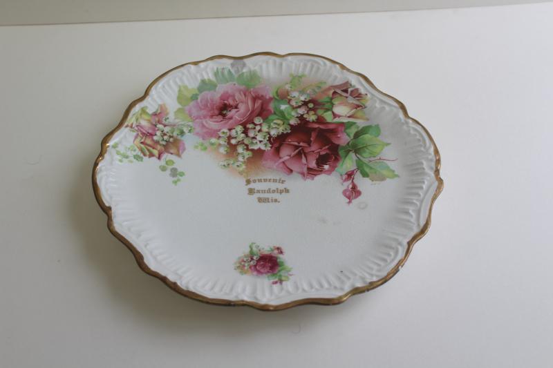 photo of antique advertising plate, circa 1900 souvenir of Randolph Wisconsin w/ vintage floral #7