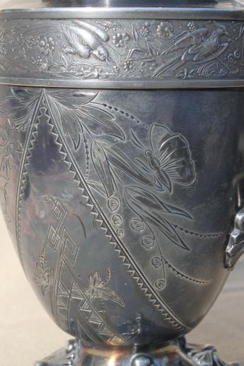 photo of antique aesthetic silverplate coffee pot w/ ornate birds & figures engraved 1889 #8