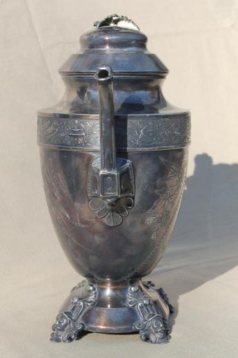 photo of antique aesthetic silverplate coffee pot w/ ornate birds & figures engraved 1889 #12