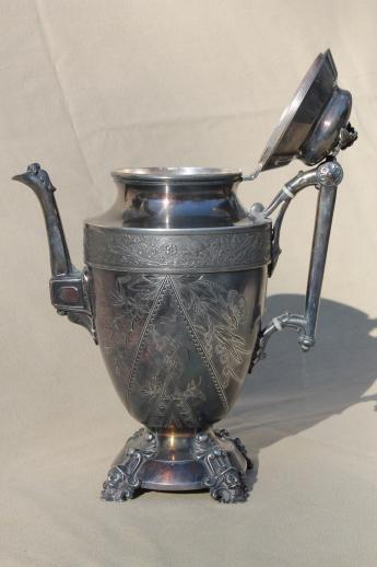 photo of antique aesthetic silverplate coffee pot w/ ornate birds & figures engraved 1889 #13